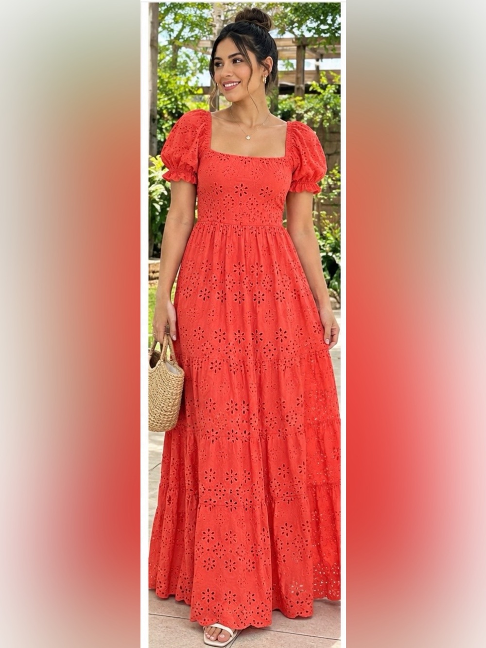 Puff-Sleeve Eyelet Maxi Dress in Coral